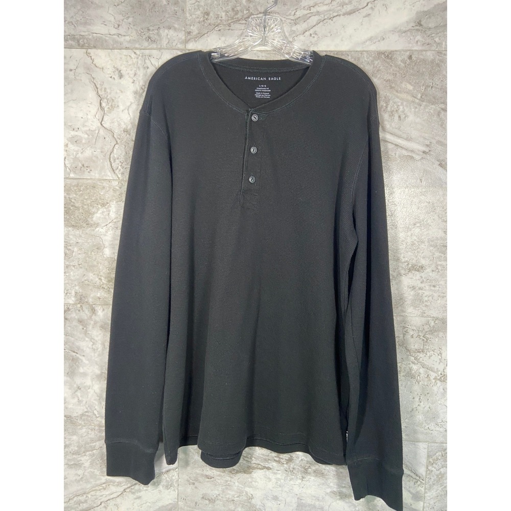 American Eagle‎ Outfitters Men's Long Sleeve Thermal Henley Shirt Black Sz L